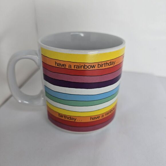 Russ Berrie Have A Rainbow Birthday Striped Coffee Mug Vintage Multicolor Korea - Picture 5 of 8